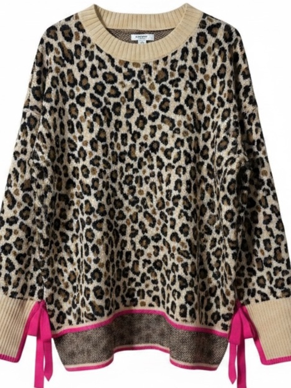 Crown & Ivy Leopard-Print Crewneck Sweater with Hot Pink Trim XXL